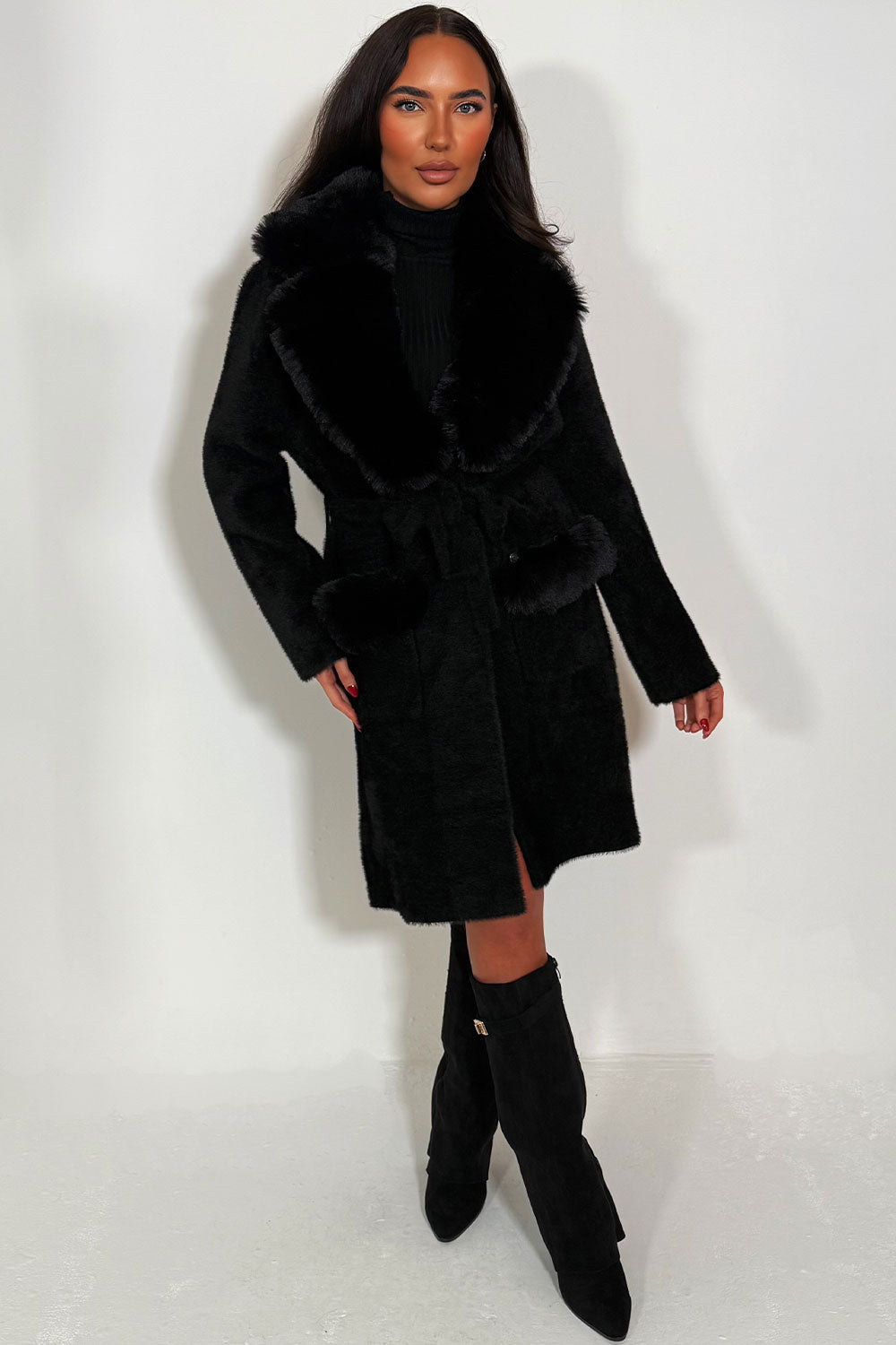 Faux Fur Collar Belted Coat with Faux Fur Cuff B | Xtralitty