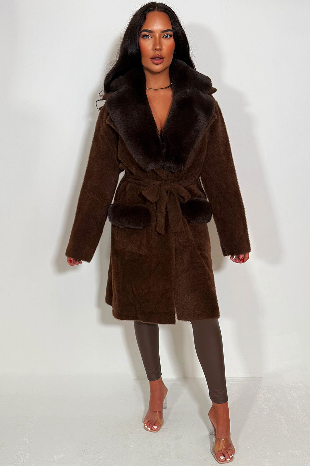 Faux Fur Collar Belted Coat with Faux Fur Cuff B | Xtralitty
