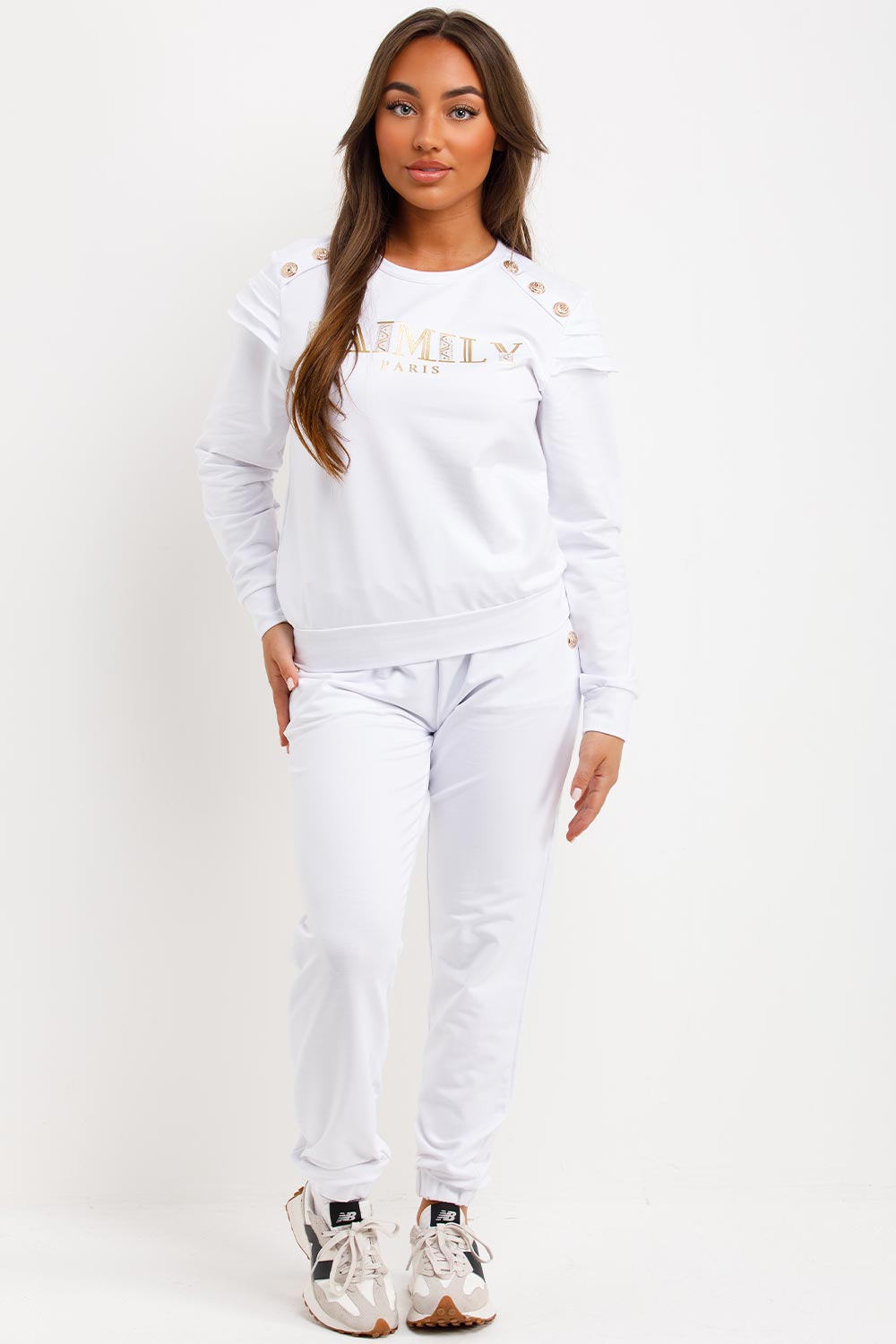 Gold Button Frill Shoulder Loungewear Set White | Xtralitty