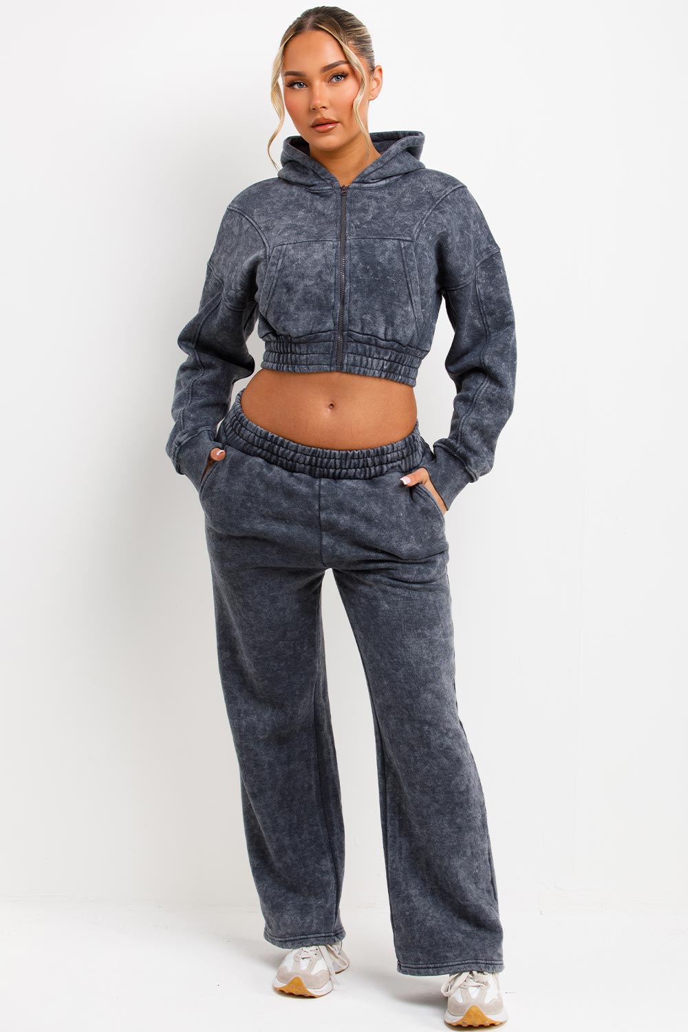Crop Zip Up Hoodie and Joggers Tracksuit Set Gre | Xtralitty