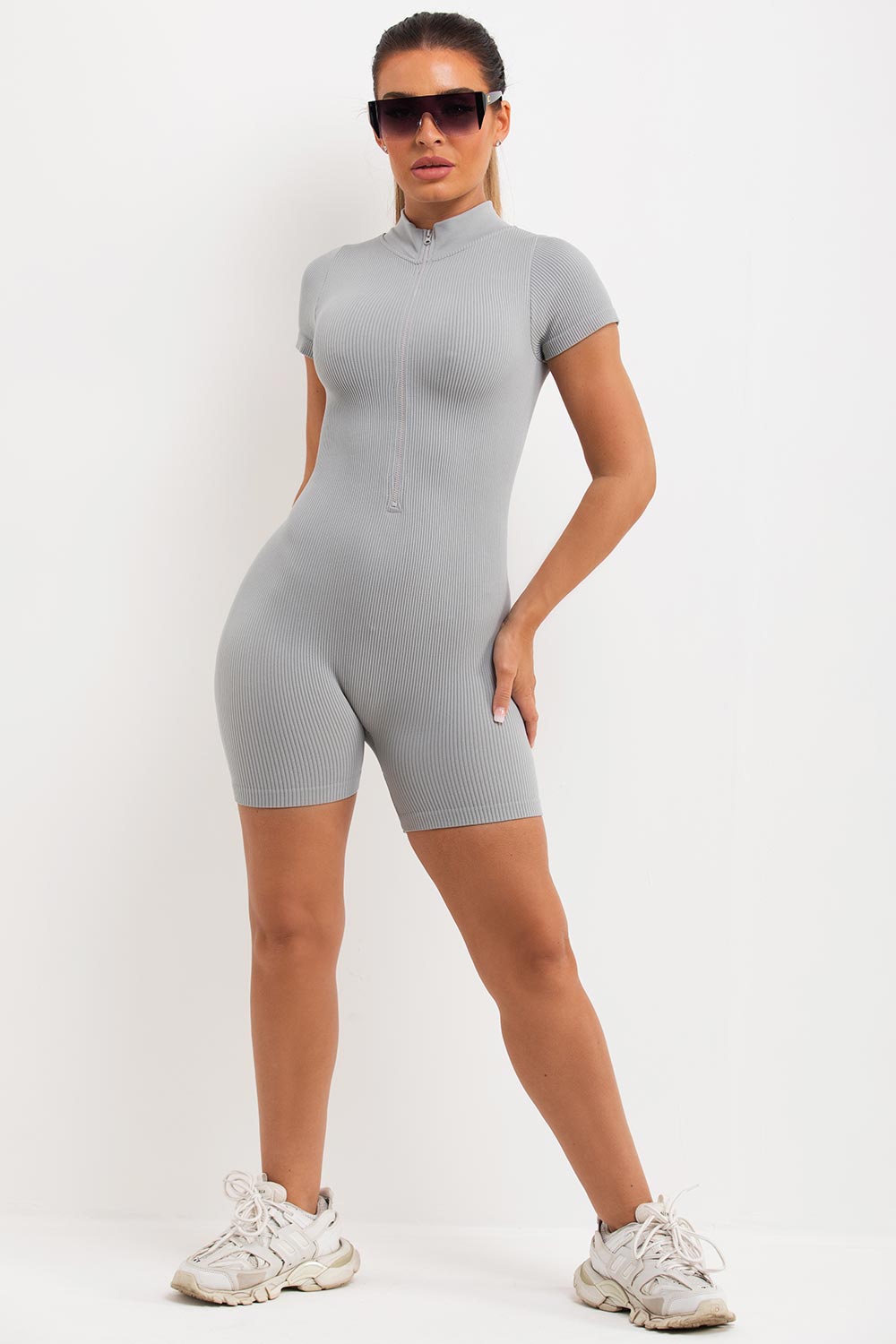 Unitard with Zip Front Shorts Sleeves Grey | Xtralitty