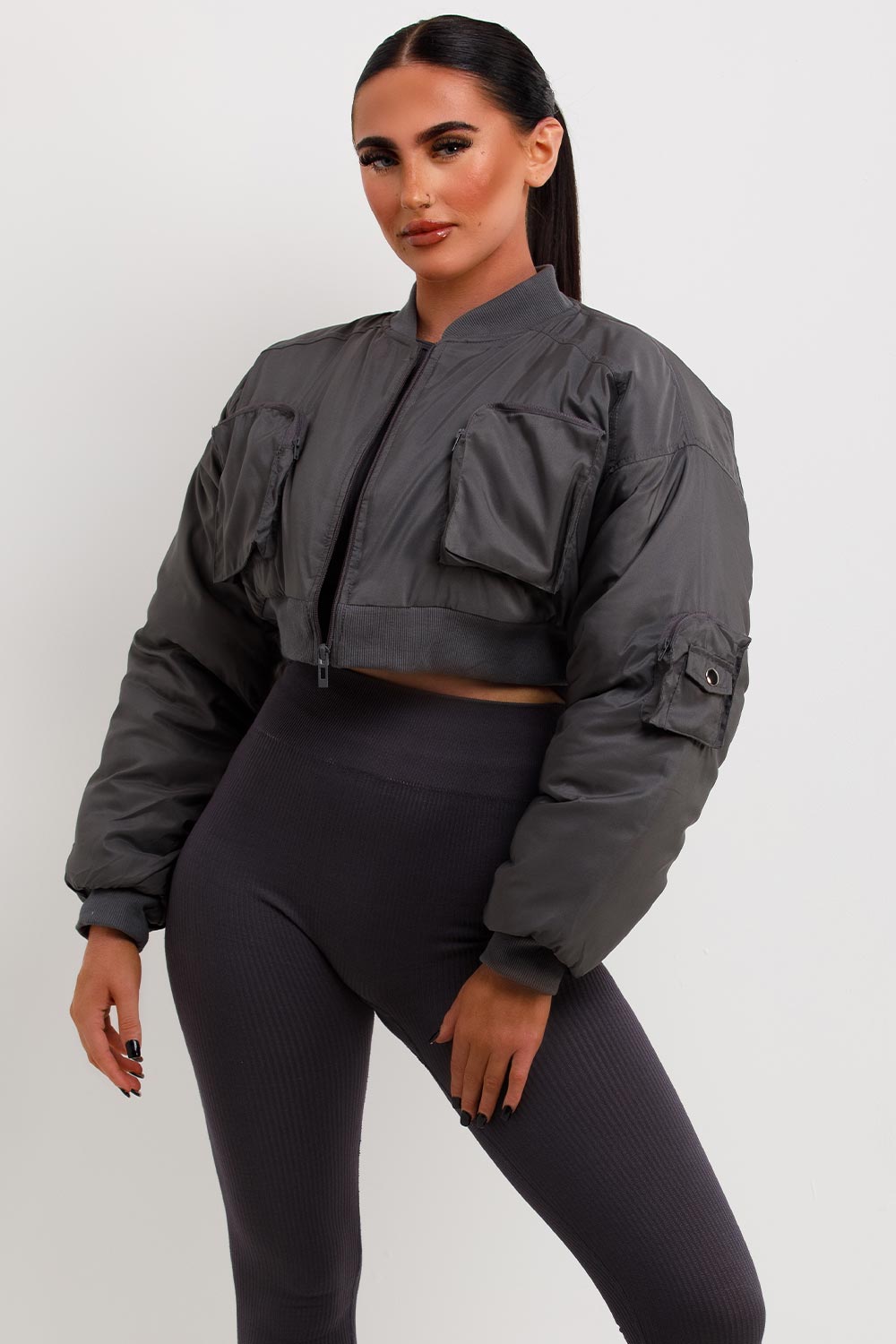 Crop Bomber Jacket with Pockets Grey | Xtralitty