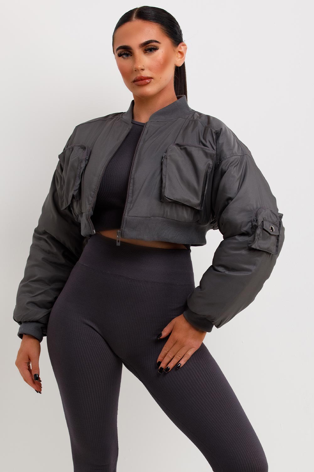 Crop Bomber Jacket with Pockets Grey | Xtralitty