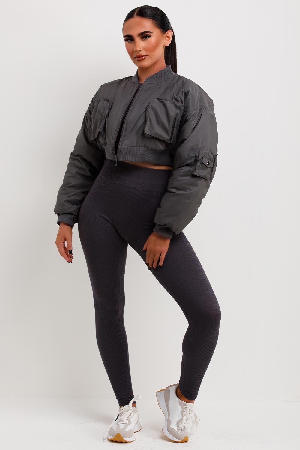 Crop Bomber Jacket with Pockets Grey | Xtralitty