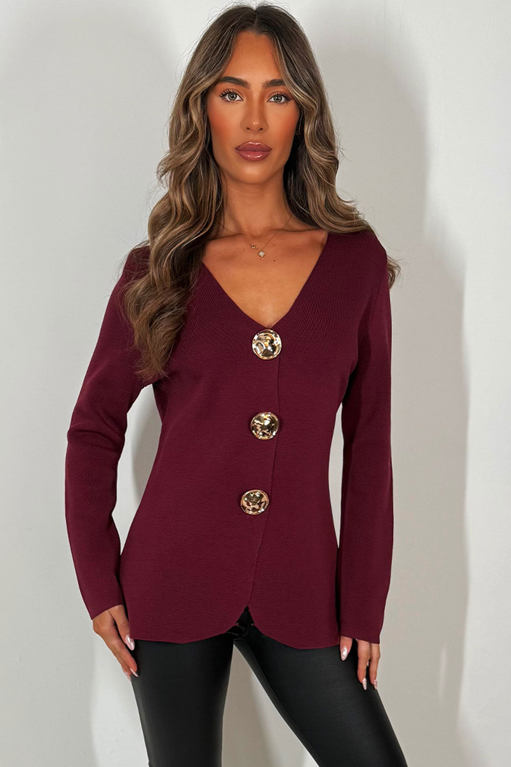 Gold Button Long Sleeve Knitted Jumper Burgundy | Xtralitty
