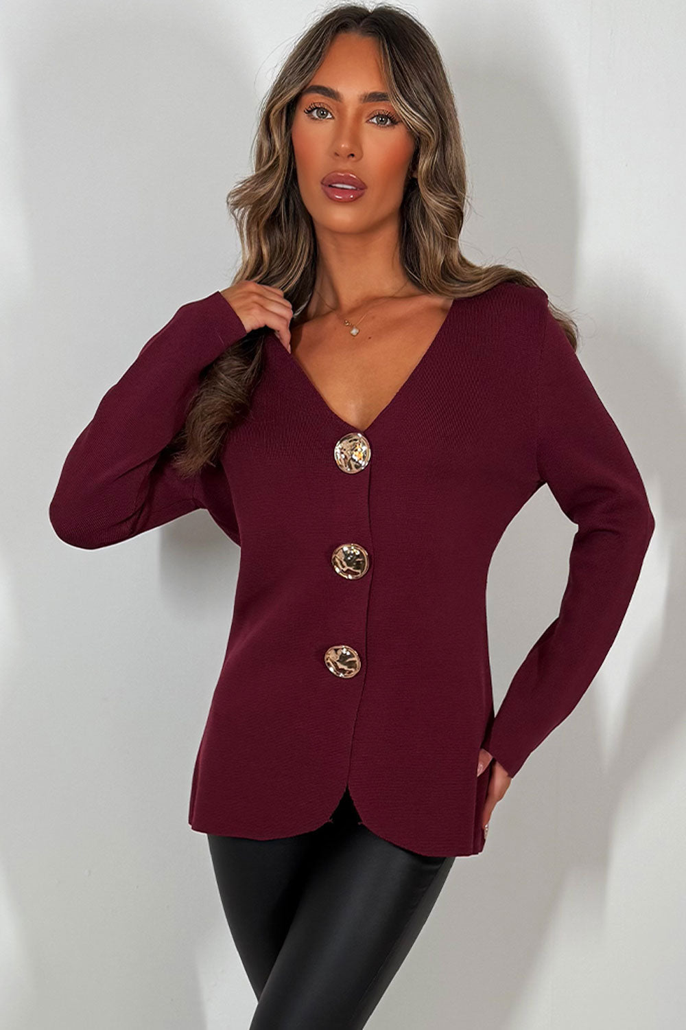 Gold Button Long Sleeve Knitted Jumper Burgundy | Xtralitty