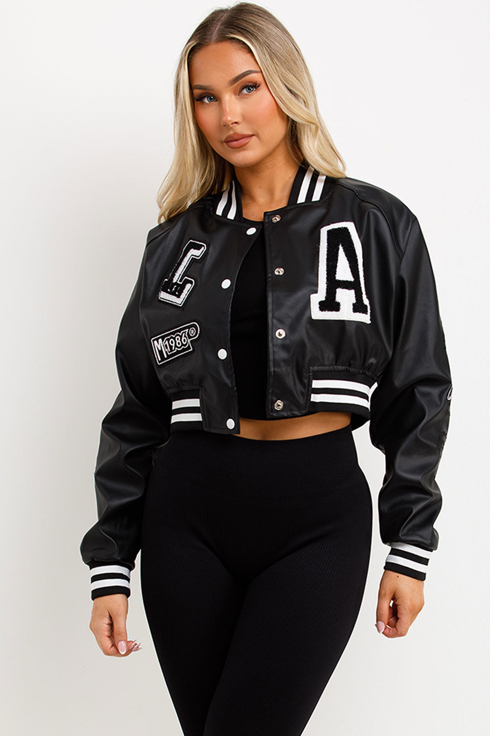 Black Varsity Bomber Faux Leather Jacket with Le | Xtralitty