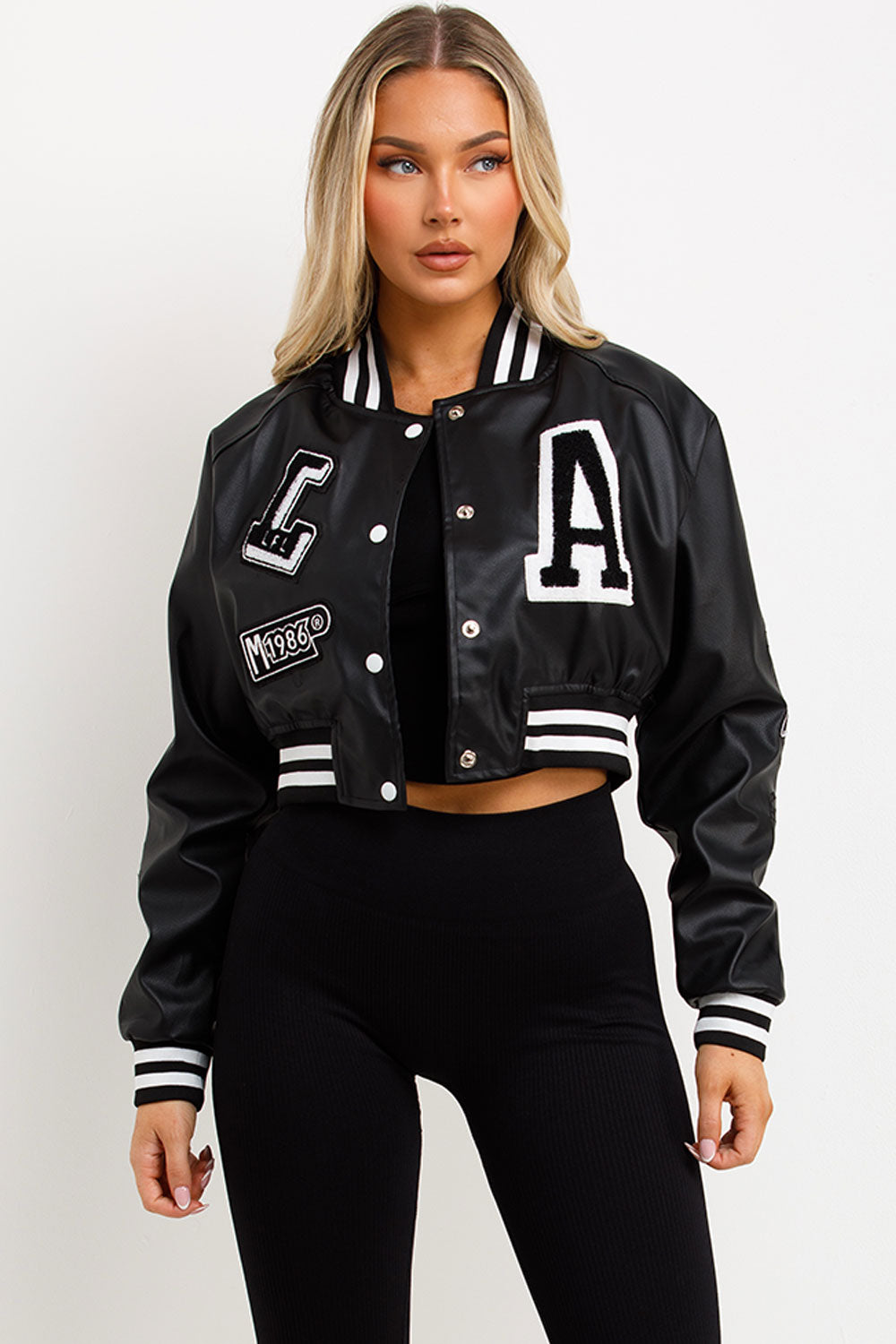Black Varsity Bomber Faux Leather Jacket with Le | Xtralitty