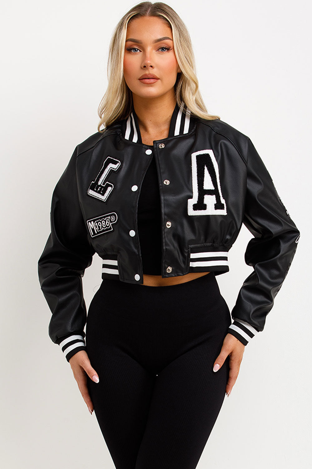 Black Varsity Bomber Faux Leather Jacket with Le | Xtralitty