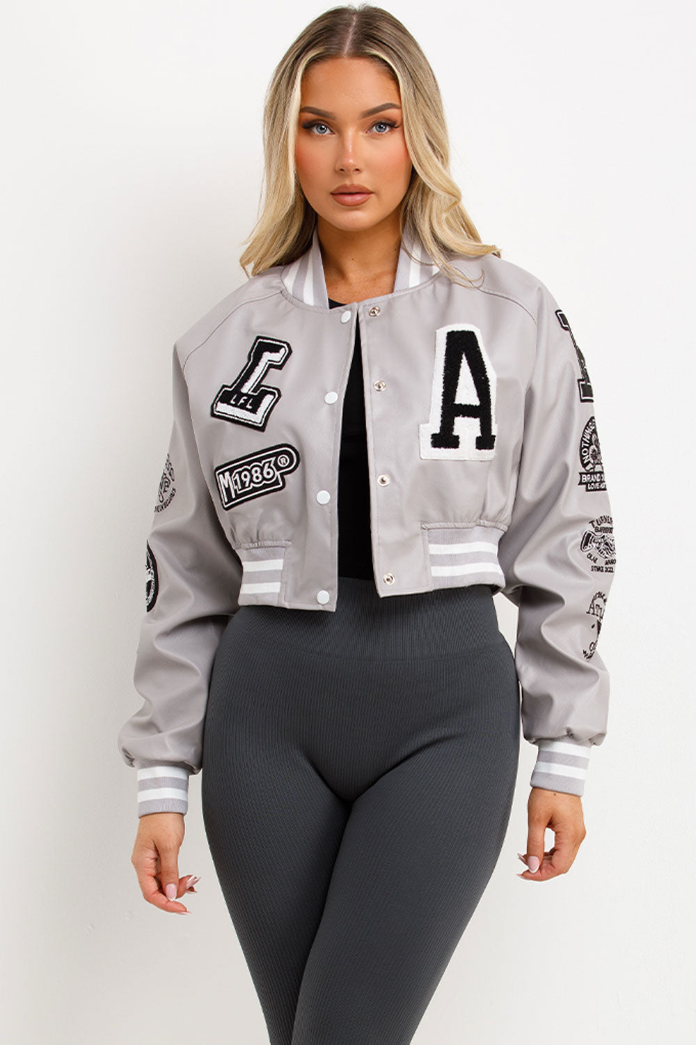 Grey Varsity Bomber Faux Leather Jacket with Let | Xtralitty