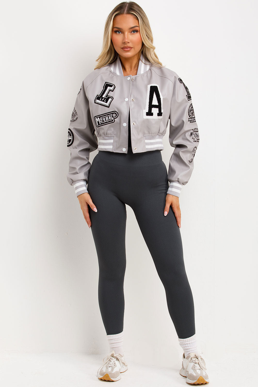 Grey Varsity Bomber Faux Leather Jacket with Let | Xtralitty