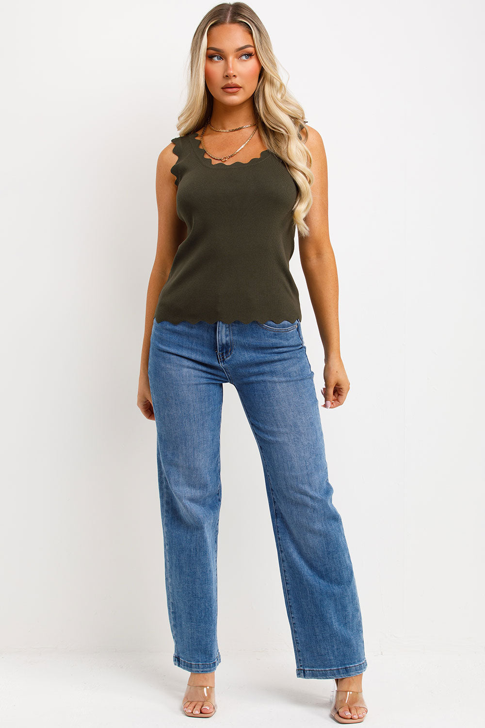 Knitted Cardigan Top with Scalloped Neck Khaki | Xtralitty