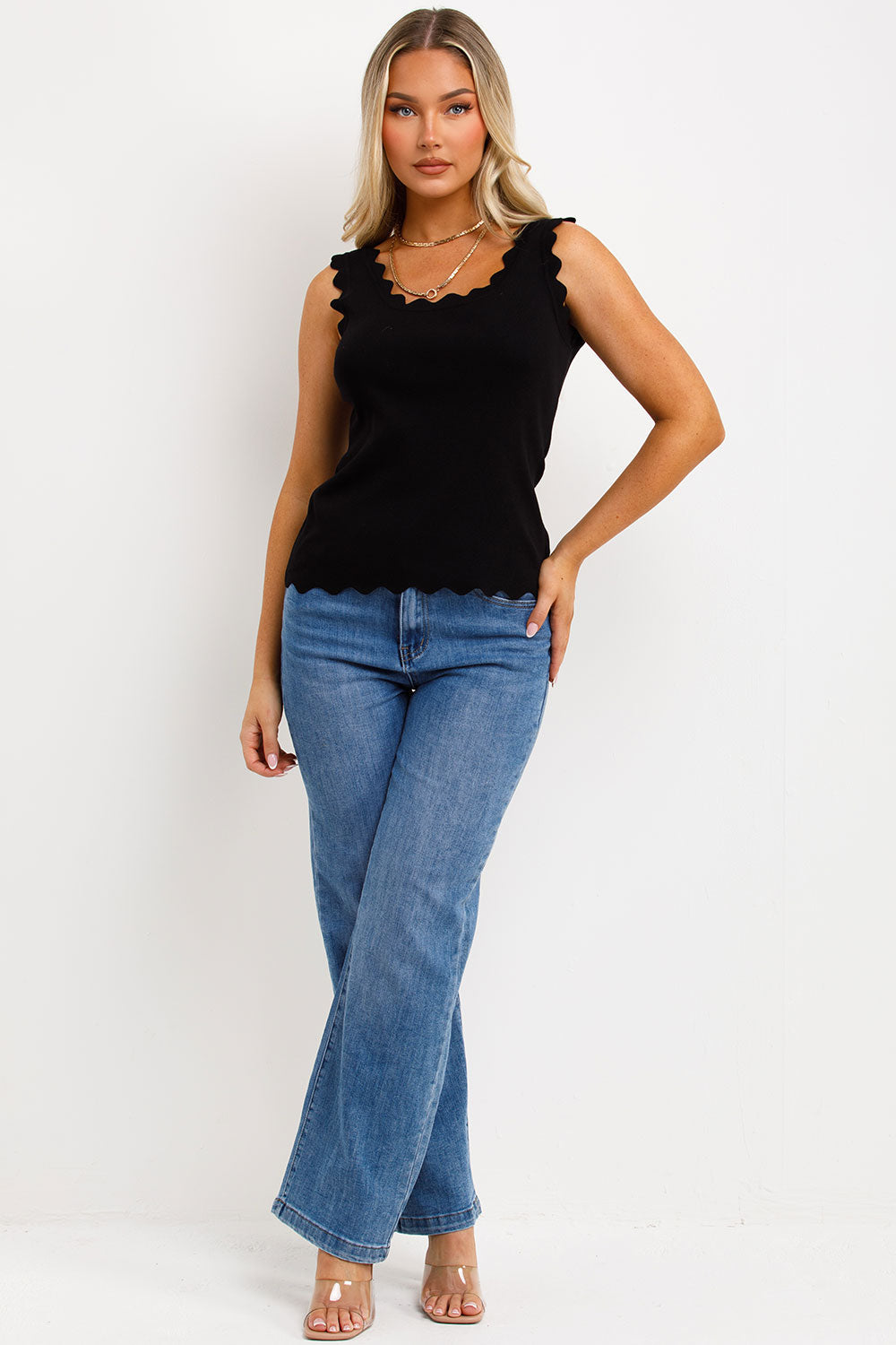 Knitted Cardigan Top with Scalloped Neck Black | Xtralitty