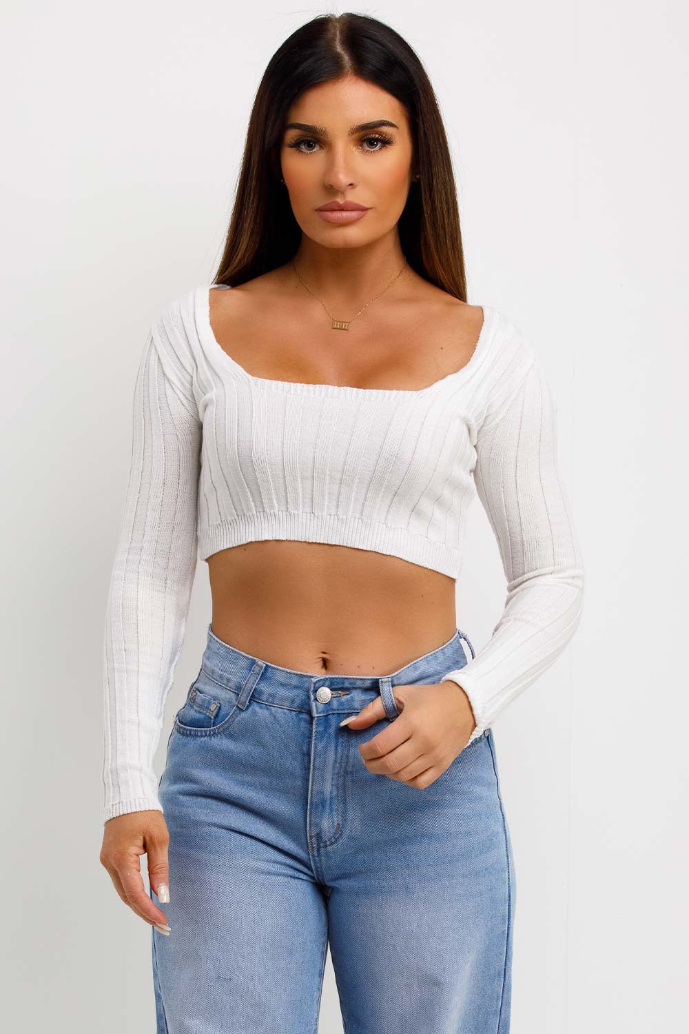 Knitted Square Neck Crop Jumper White | Xtralitty