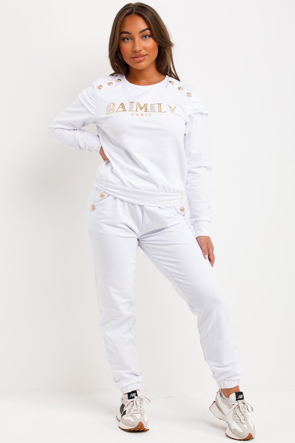 Gold Button Frill Shoulder Loungewear Set White | Xtralitty