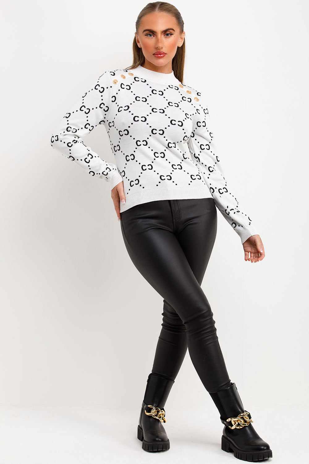 White Knitted Jumper with Gold Button Cc Print | Xtralitty