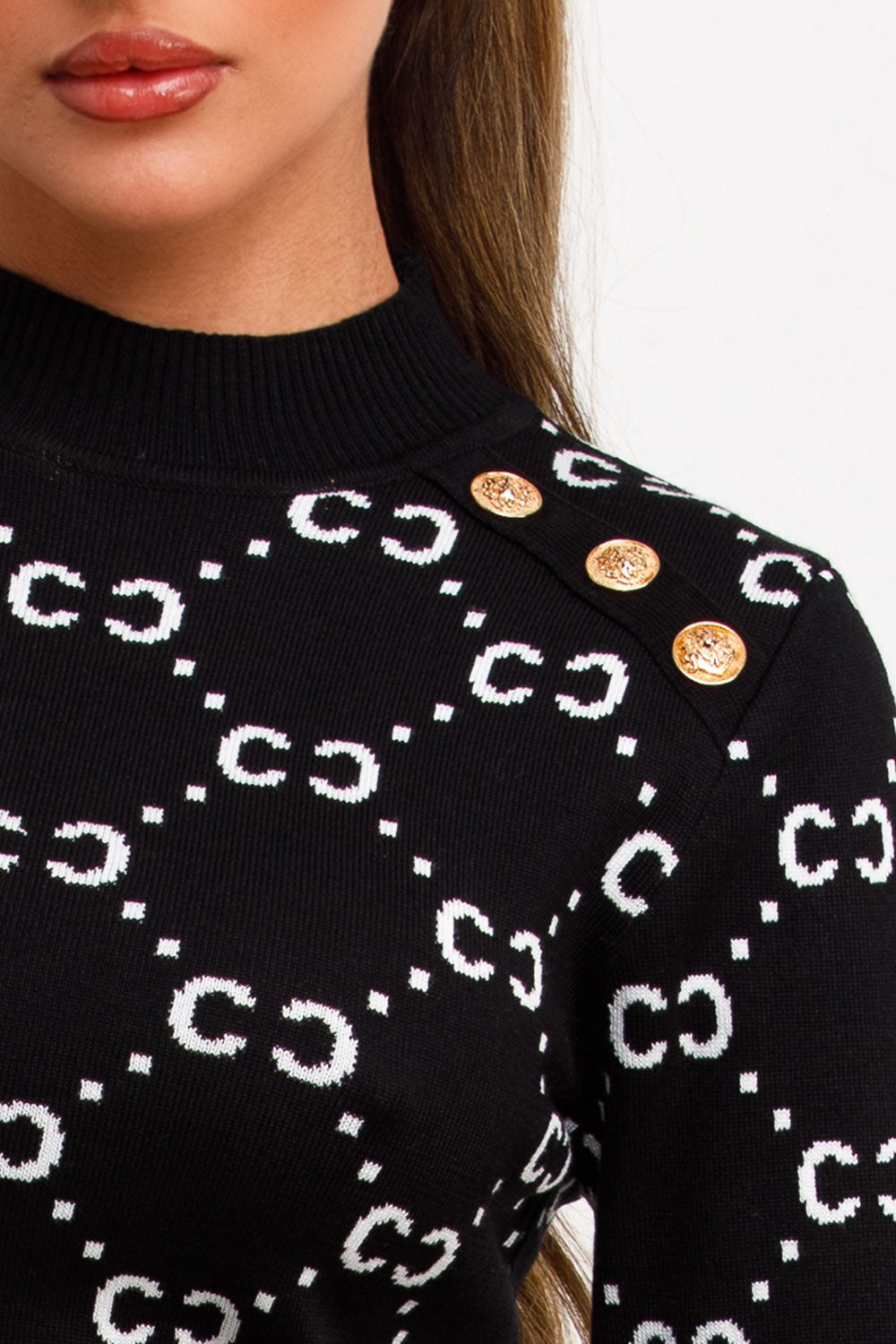 Black Knitted Jumper with Gold Button Cc Print | Xtralitty