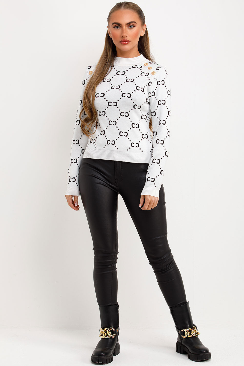 White Knitted Jumper with Gold Button Cc Print | Xtralitty