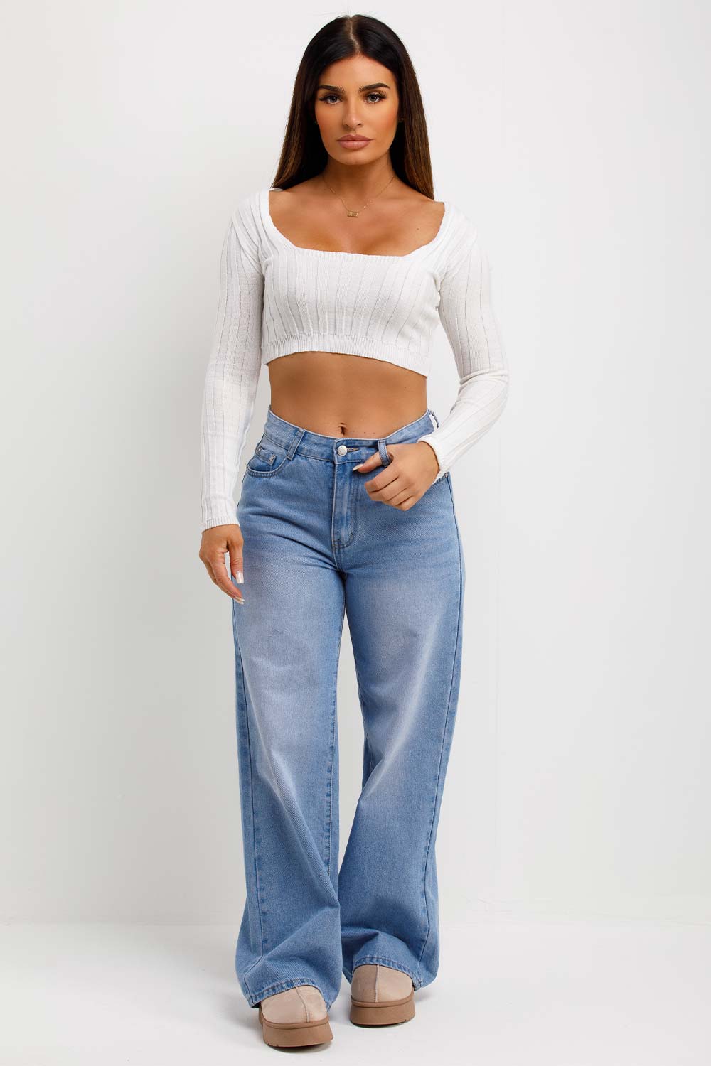 Knitted Square Neck Crop Jumper White | Xtralitty
