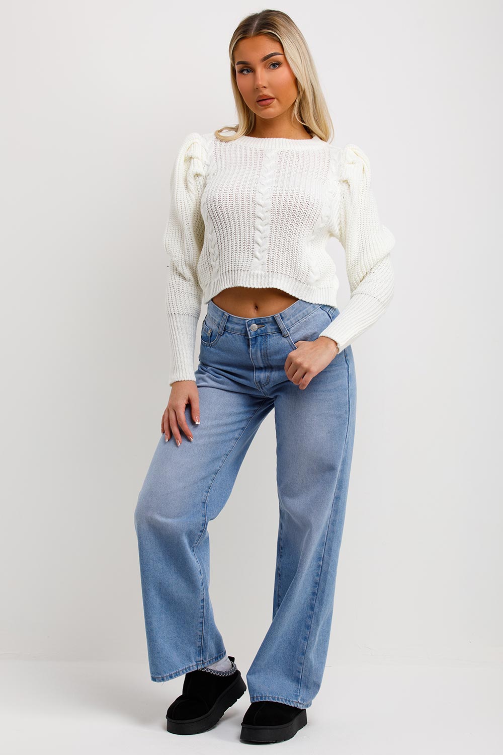 Knitted Jumper with Puff Sleeves Cream | Xtralitty