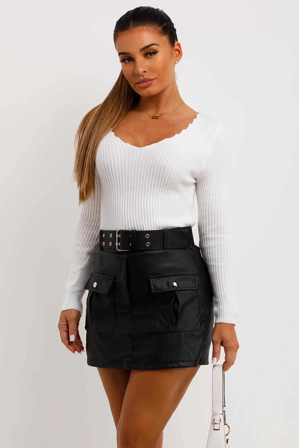 Rib Knitted V Neck Jumper with Long Sleeves Crea | Xtralitty