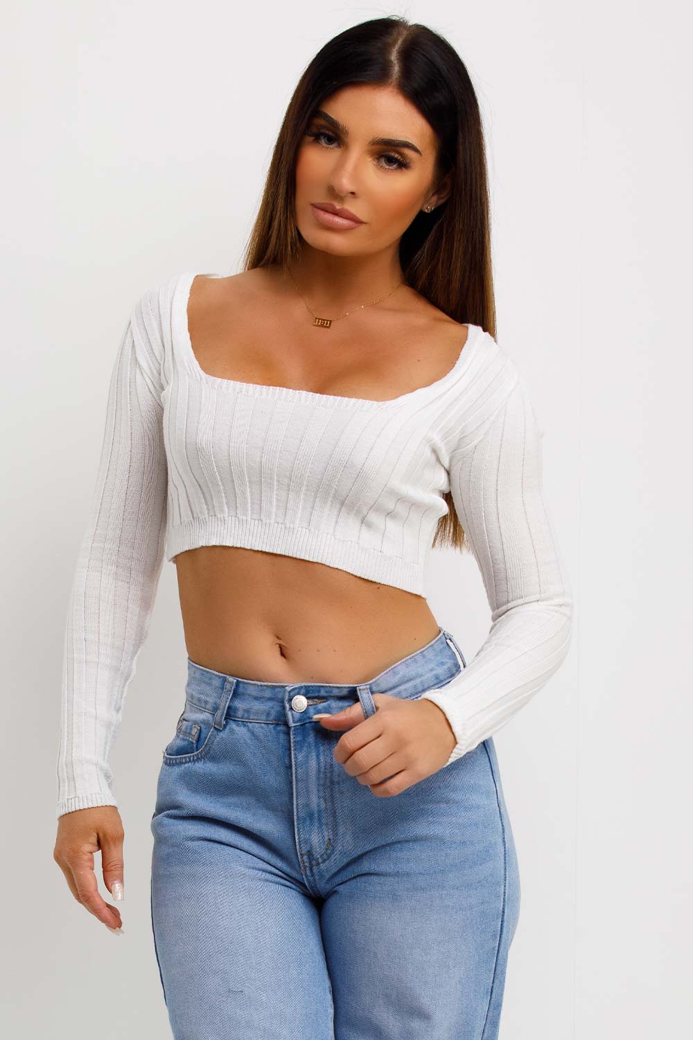 Knitted Square Neck Crop Jumper White | Xtralitty