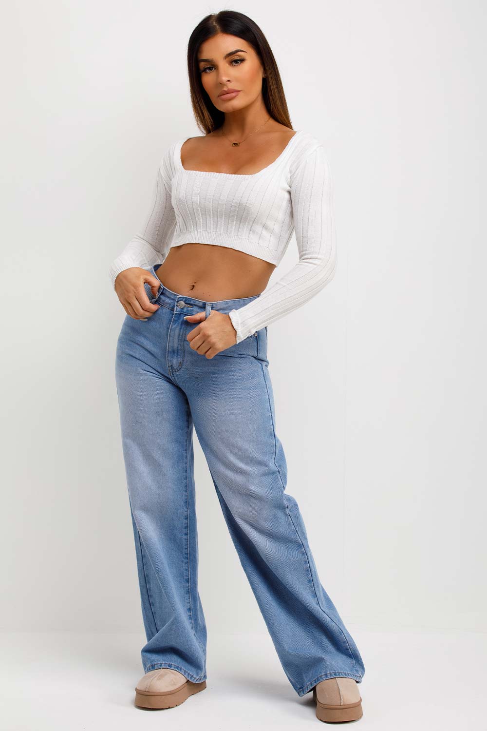 Knitted Square Neck Crop Jumper White | Xtralitty
