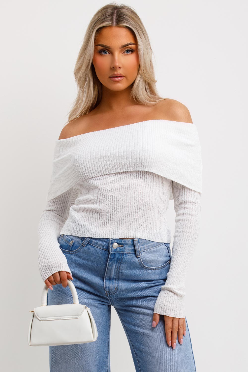 Bardot Jumper with Fold Over Detail White | Xtralitty