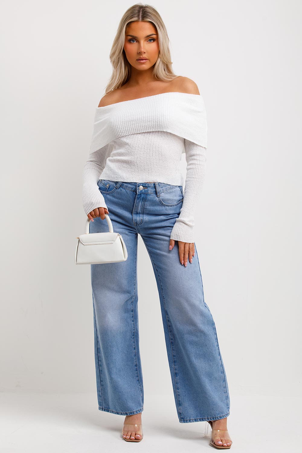 Bardot Jumper with Fold Over Detail White | Xtralitty