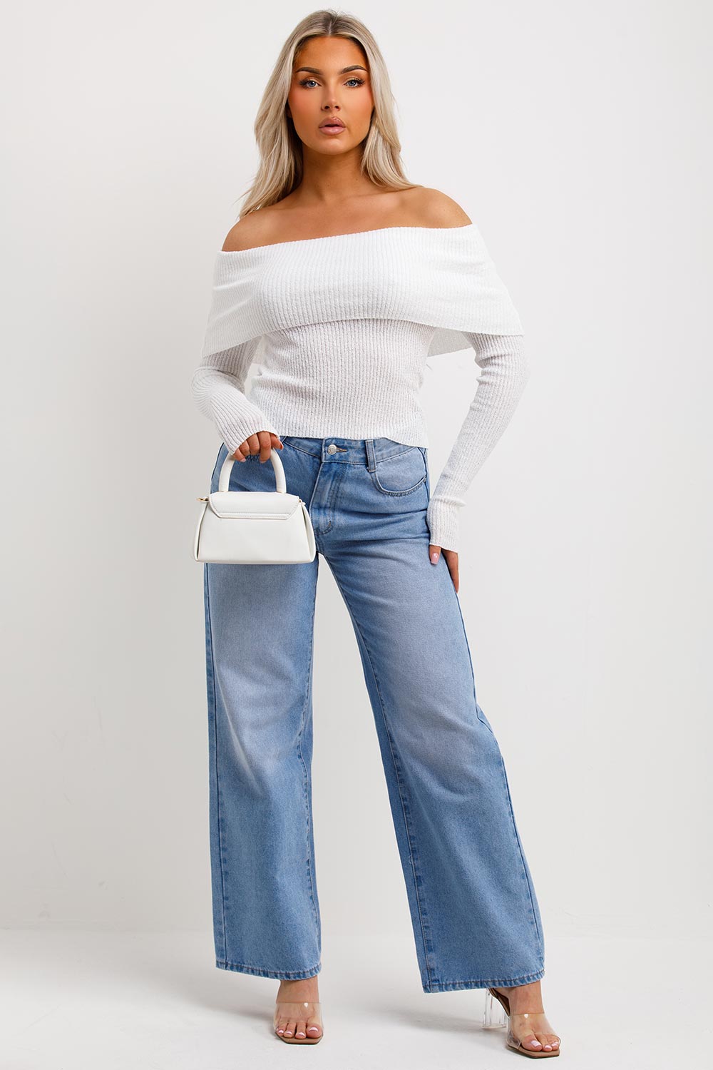 Bardot Jumper with Fold Over Detail White | Xtralitty