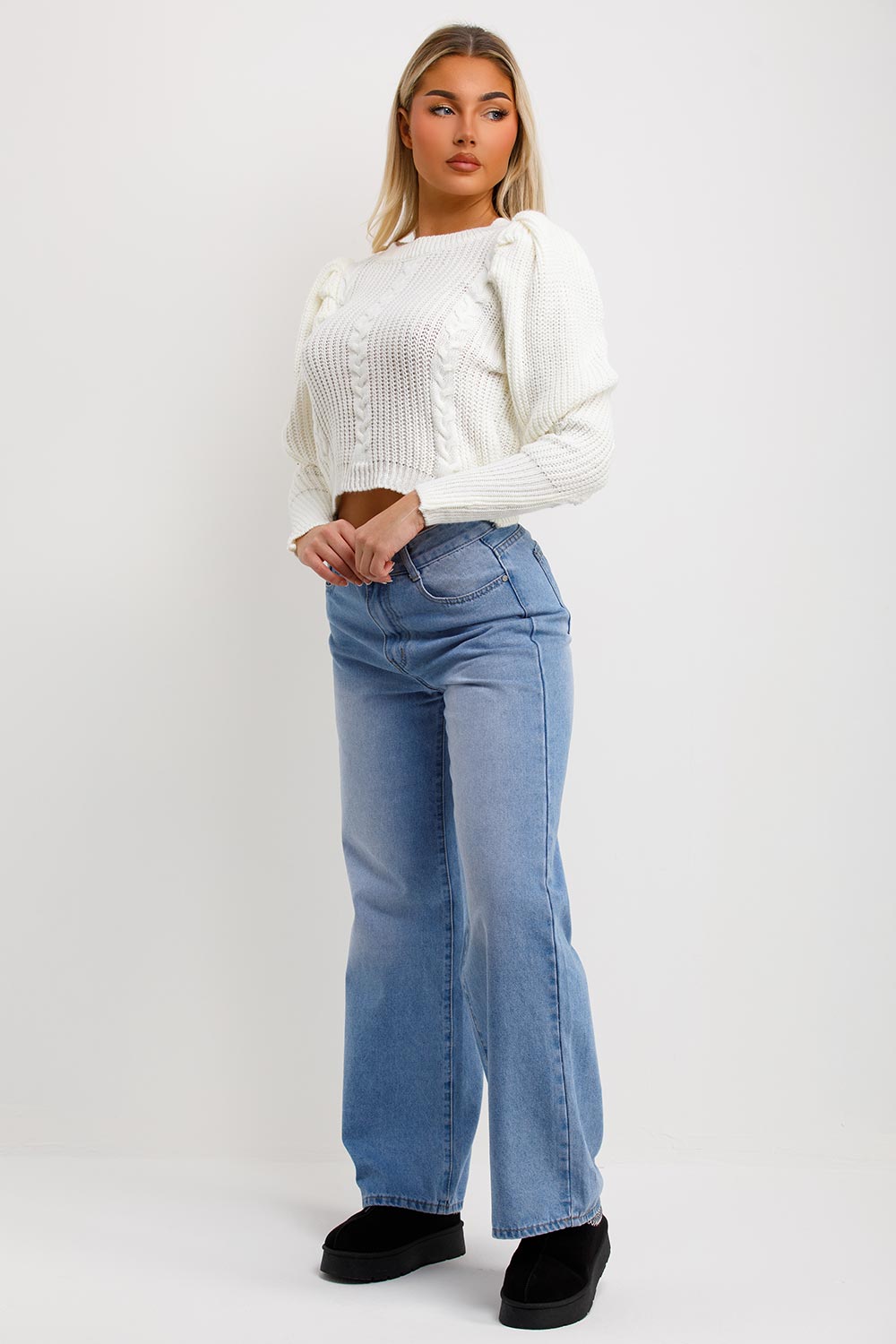 Knitted Jumper with Puff Sleeves Cream | Xtralitty