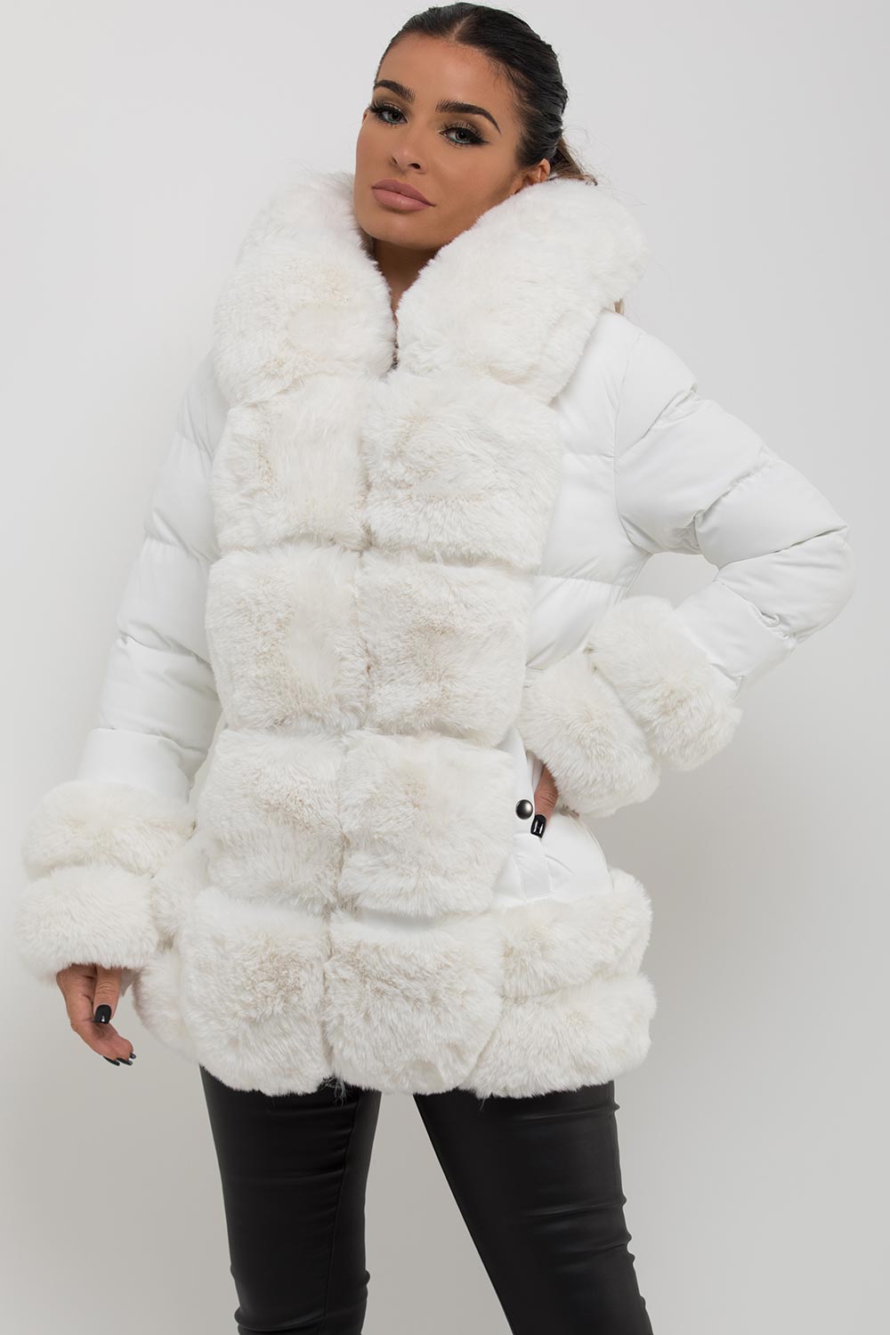 Puffer Jacket with Fur Hood Cuff and Trim White | Xtralitty