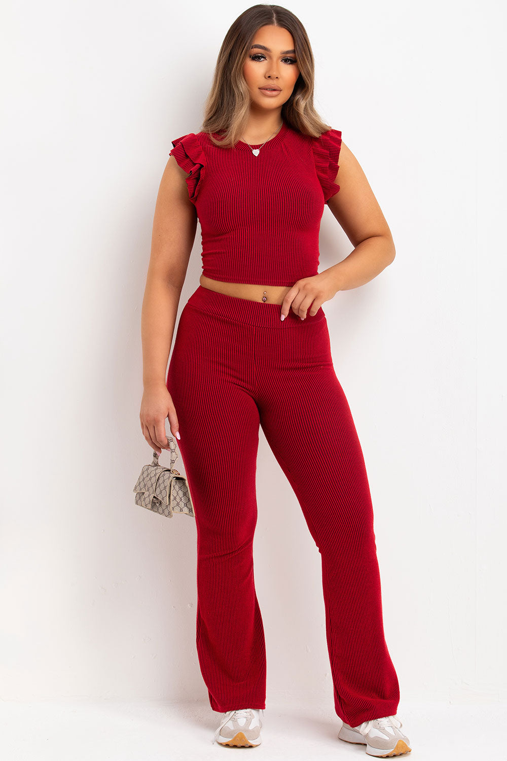 Frill Shoulder Top and Skinny Flare Trouser Set | Xtralitty