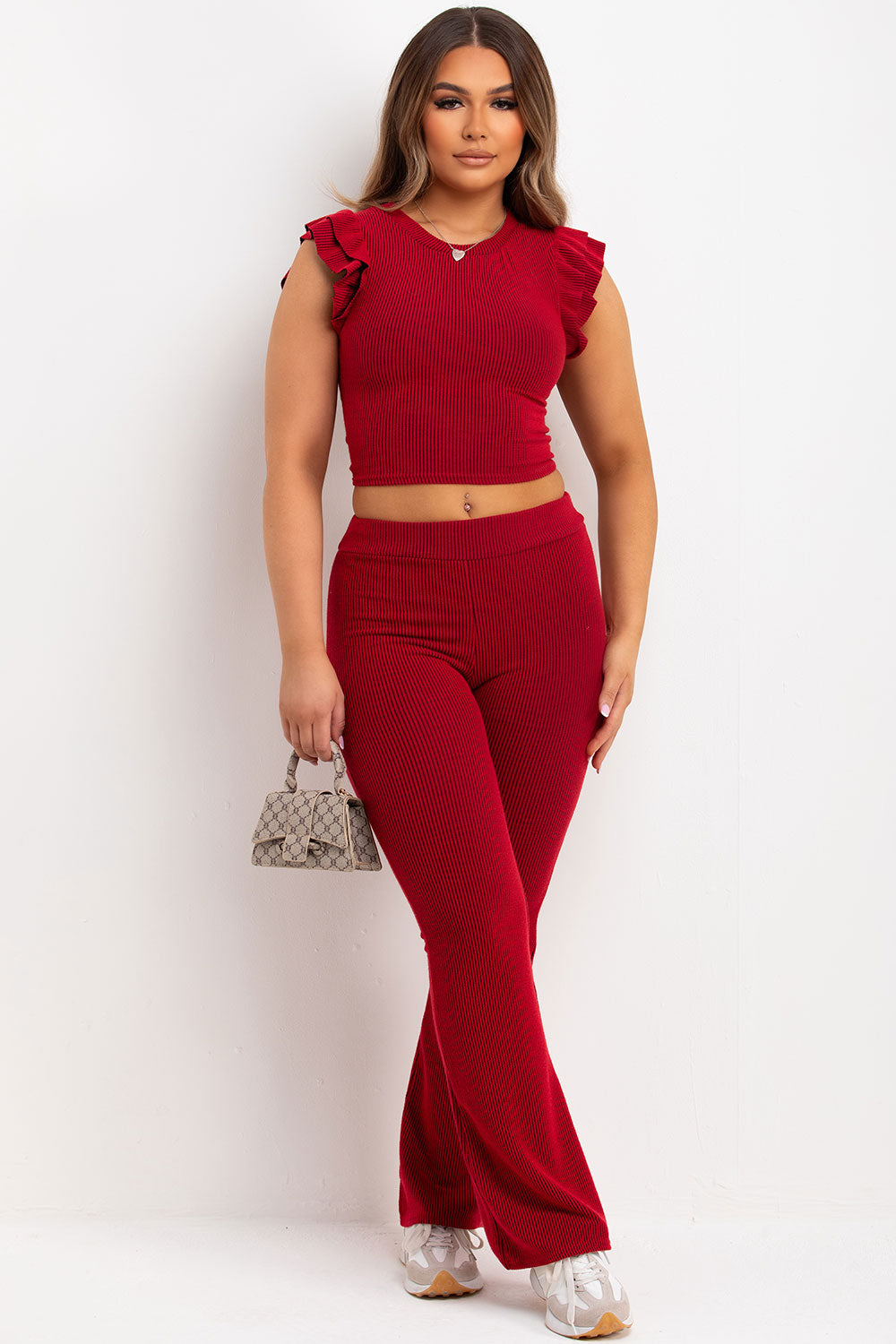 Frill Shoulder Top and Skinny Flare Trouser Set | Xtralitty