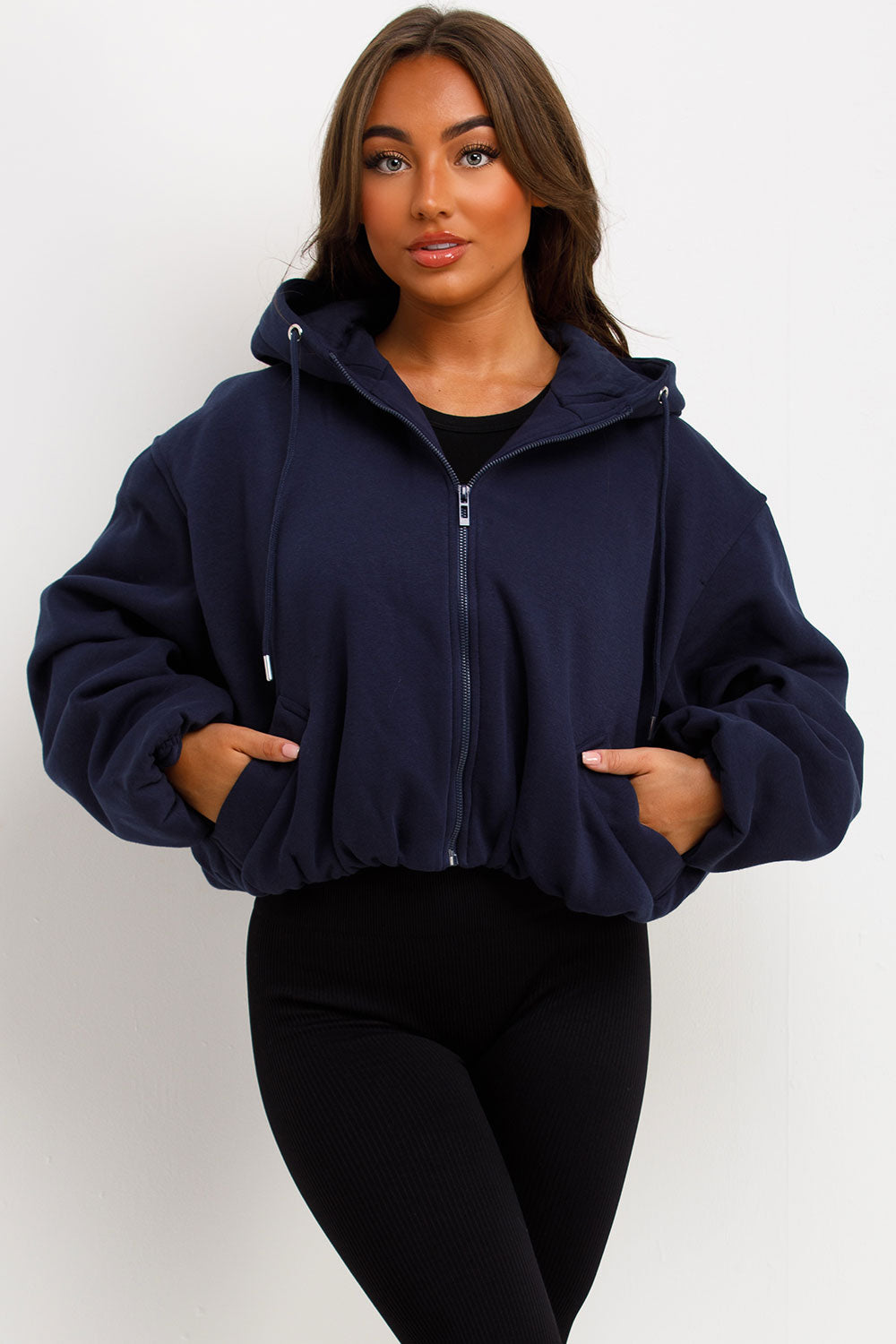 Hooded Jacket with Elastic Hem Navy | Xtralitty