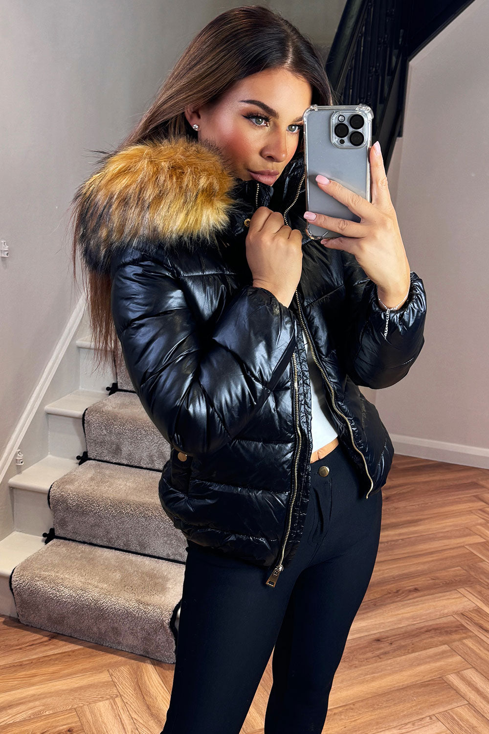 Faux Fur Hood Puffer Jacket Black | Xtralitty
