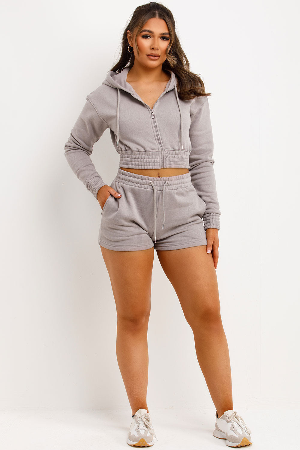Crop Zip Hoodie and Shorts Tracksuit Set Dove Gr | Xtralitty