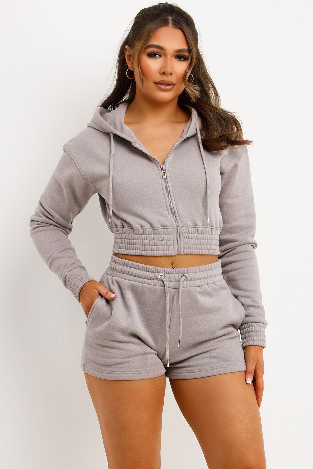 Crop Zip Hoodie and Shorts Tracksuit Set Dove Gr | Xtralitty